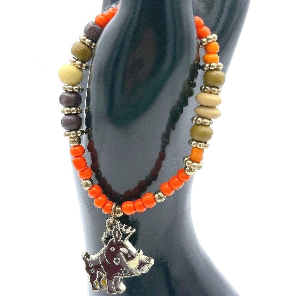 Vintage Lion King Pumba Boho Orange Brown Green Beaded Bracelet Wild Boar Charm